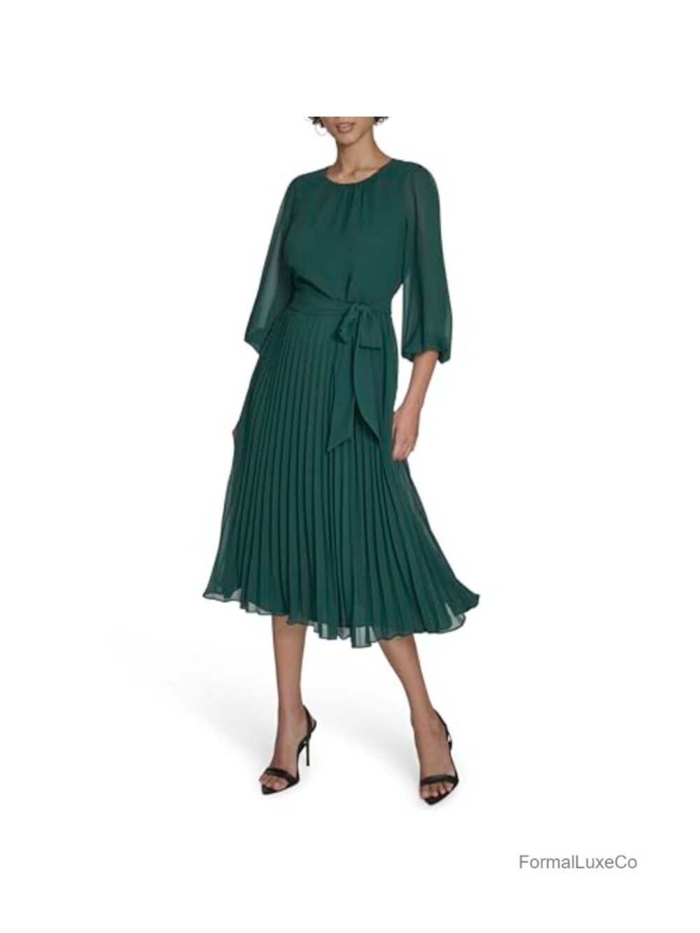 Jessica Howard Women's 3/4 Sleeve Pleated Belted Chiffon Midi Dress Formal